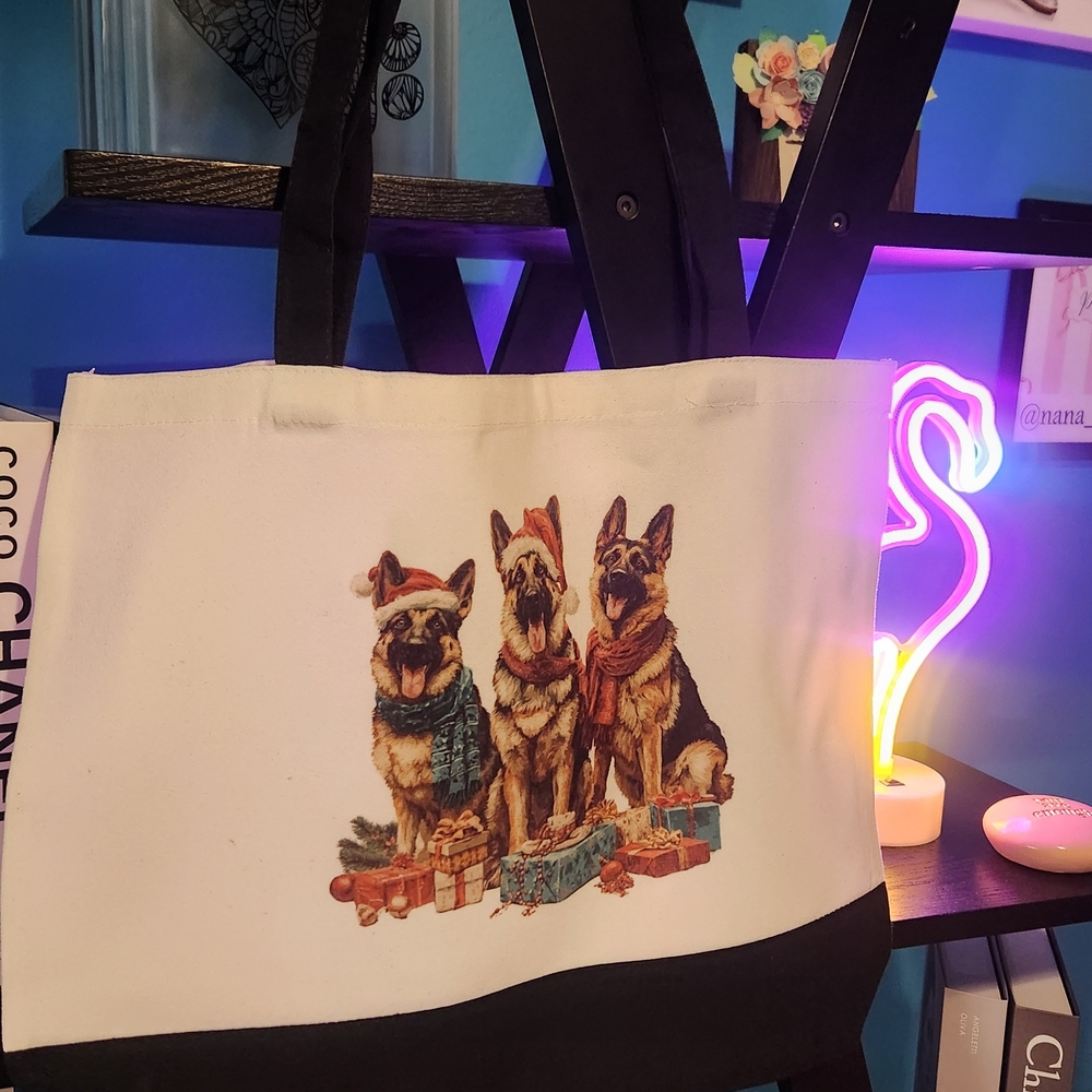 Canvas Tote Bag with German Shepherd Christmas Print. NWT